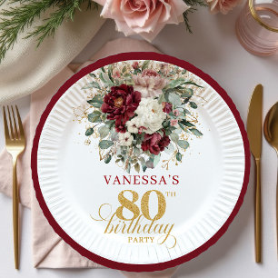 Luxe Bourgogne Bloemen 80e Verjaardag Papieren Bor Bordje