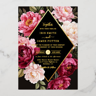 Luxe Bourgondië en Blush Roze Pioen Bloemige Bruil Folie Uitnodiging