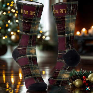 Luxe Bourgondiërrood en Goud Kerstmis Plaid Custom Sokken