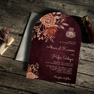 Luxe Bourgondische Floral Islamitische Boog Huweli Kaart
