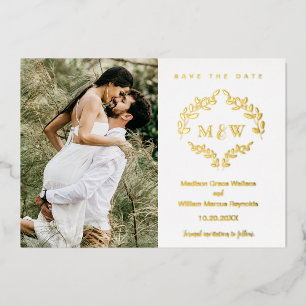 Luxe bruiloft crest monogram krans aangepaste foto folie uitnodiging