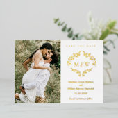 Luxe bruiloft crest monogram krans aangepaste foto folie uitnodiging (Staand Voorkant)