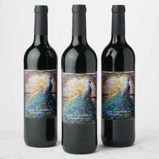 Luxe bruiloft: Glazen in lood pauwenwijnlabels Wijn Etiket (Flessen)
