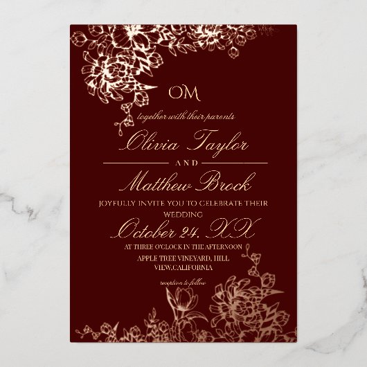 Luxe Burgundy & Goud Tuin Bloem Bruiloft Uitnodigi Folie Uitnodiging (Voorkant)