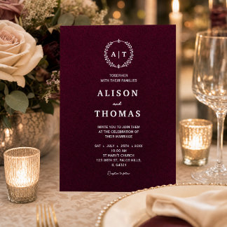 Luxe Burgundy Zilver Folie | Oude Geld Monogram Uitnodiging