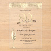 Luxe Champagneglas Goud Confetti 80e Verjaardag Acryl Uitnodigingen (Voorkant)
