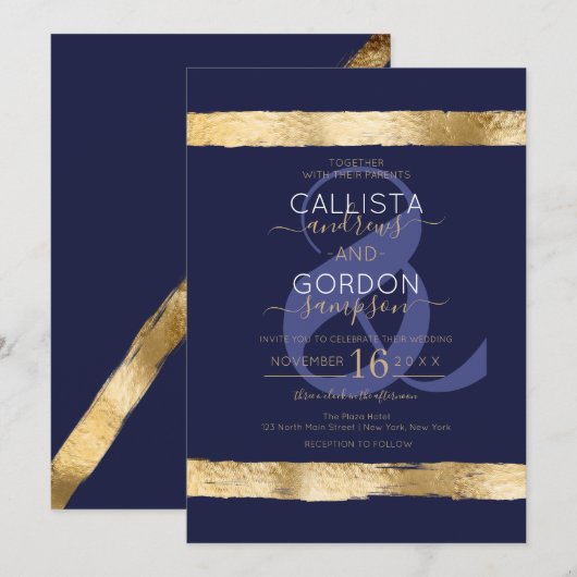 Luxe Chic Navy Gold Brushstroke Border Wedding Kaart (Voorkant / Achterkant)