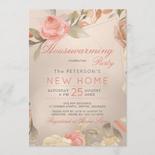 Luxe Coral Gold Foil Floral Housewarming Party Kaart