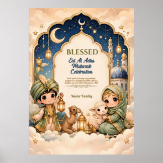 Luxe Cute Lantaarn Navy Kids Eid Mubarak Familie Poster