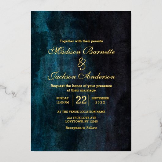 Luxe Dark Moody Waterverf bruiloft Echt Goud Folie Uitnodiging (Voorkant)