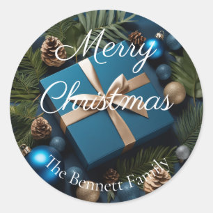 Luxe Deep Blue & Green Foliage Kerstcadeaus Ronde Sticker
