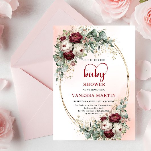 Luxe Deep Red and Gold Baby Shower Invitation