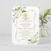 Luxe Delicate Witte Bloem Gouden Eerste Communie Kaart (Staand voorkant)