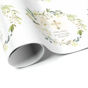 Luxe Delicate Witte Bloemen Gouden Kruis Doop Cadeaupapier