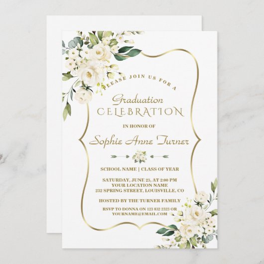 Luxe Delicate Witte Bloemengoud Afstudeerfeest Kaart (Voorkant / Achterkant)