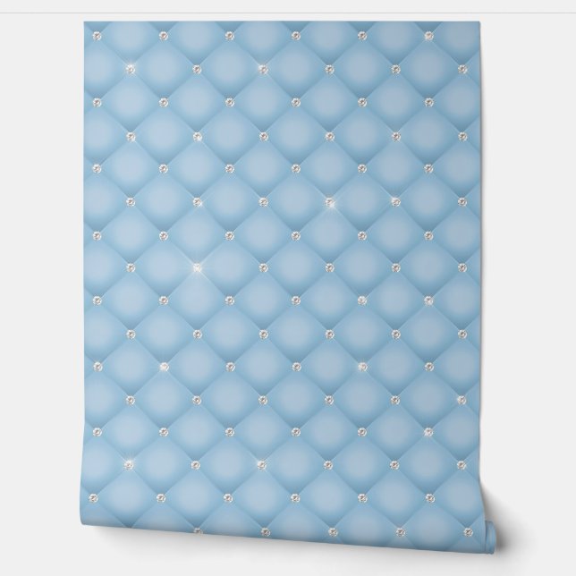 Luxe diamant getuft gewatteerd licht blauw behang (Afrollen)
