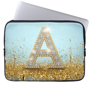 Luxe diamanten letter A op gouden glitter achtergr Laptop Sleeve