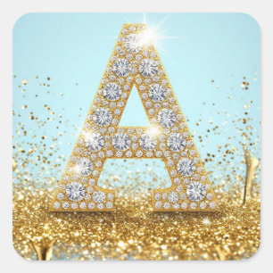 Luxe diamanten letter A op gouden glitter achtergr Vierkante Sticker