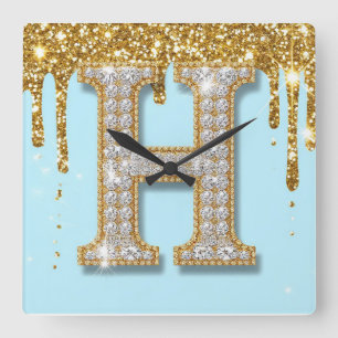Luxe diamanten letter H op gouden glitter achtergr Vierkante Klok