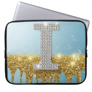 Luxe diamanten letter I op gouden glitter achtergr Laptop Sleeve