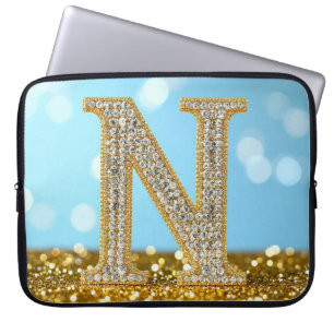 Luxe diamanten letter N op gouden glitter achtergr Laptop Sleeve