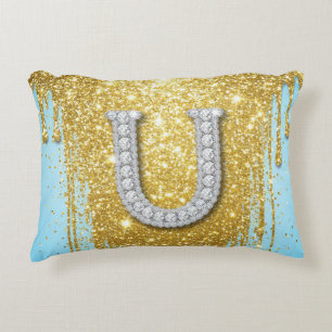 Luxe diamanten letter U op gouden glitter achtergr Accent Kussen