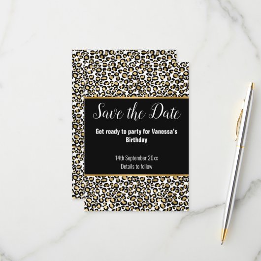 LUXE DIERENPRINT GOUD GLITTER SAVE THE DATE RSVP KAARTJE (Voorkant / Achterkant in situ)
