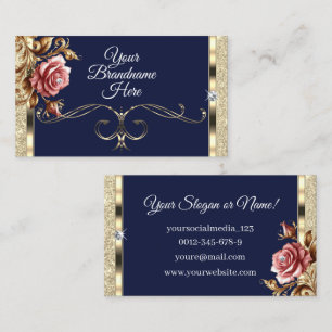Luxe Donkerblauw Gouden Glitter Roze Roos Visitekaartje