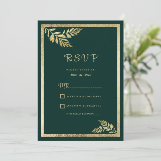 Luxe donkergroen bladgoud lijst RSVP Kaart (Staand voorkant)