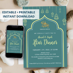 Luxe donkergroene en gouden Ramadan Iftar-boog Kaart