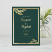 Luxe donkergroene gouden blad lijst bruiloft kaart (Staand voorkant)