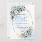 Luxe Dusty Blue Flowers Gold Frame Bridal Shower  Kaart (Voorkant)