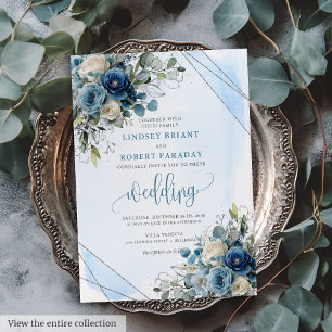 Luxe Dusty Blue Silver Floral Faire-part de mariag