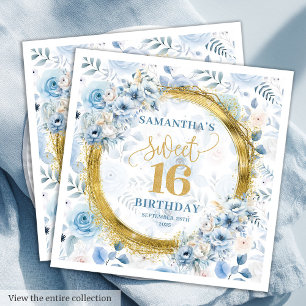 Luxe Dusty Blue Sweet 16 Gold Glitter Party Servet