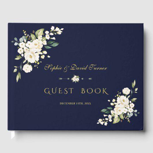 Luxe Echt Folie Witte Bloemen Navy Blauwe Trouw Gastenboek (Voorkant)
