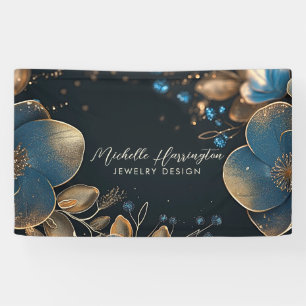 Luxe Elegance Blauw en Goud Bloemen Sieraden Ontwe Spandoek
