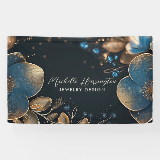 Luxe Elegance Blauw en Goud Bloemen Sieraden Ontwe Spandoek (Horizontaal)