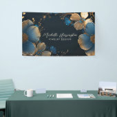 Luxe Elegance Goud en Blauw Bloemen Sieraden Ontwe Spandoek (Beurs)