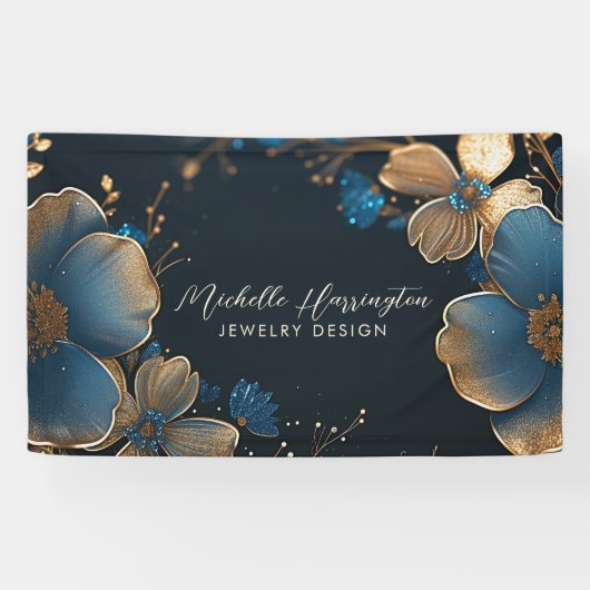 Luxe Elegance Goud en Blauw Bloemen Sieraden Ontwe Spandoek (Horizontaal)