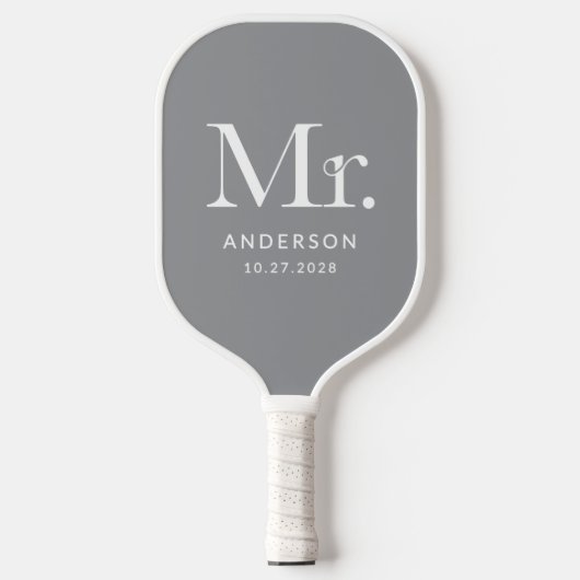 Luxe Elegance Grey | Meneer en trouwdatum Pickleball Paddle (Voorkant)