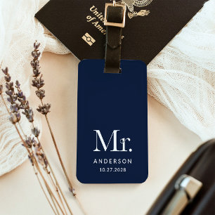 Luxe Elegance Navy Blauw   Meneer en trouwdatum Bagagelabel