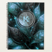 Luxe Elegant Blauwgroen Zwart Glanzend Blad Planner (Voorkant)