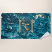 Luxe Elegant Blue Marble Effect Monogram Strandlaken (Voorkant)