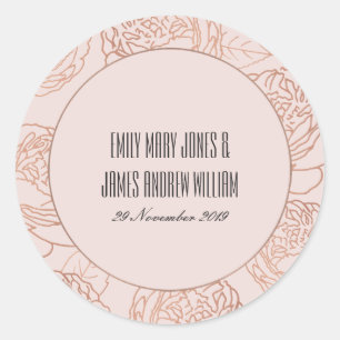 LUXE ELEGANT BLUSH PINK ROSE GOLD FLORAL WEDING RONDE STICKER