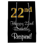 Luxe, Elegant, Faux Gold Look 22e verjaardag Medium Cadeauzakje (Achterkant)