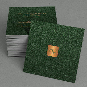 Luxe elegant groen leder koper goud monogram vierkante visitekaartje
