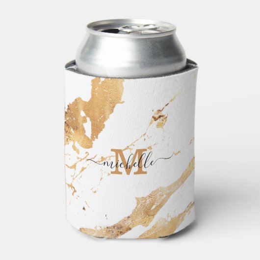 Luxe Elegant Script Monogram White Gold Marble Blikjeskoeler (Blikje Voorkant)