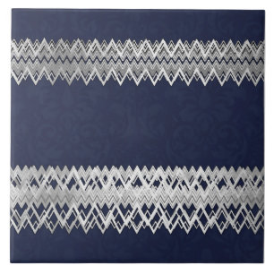 Luxe, elegant, zilverlijnen, marineblauw damasje tegeltje