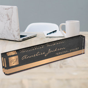 Luxe elegant zwart leren goud, monogrammen naambordje