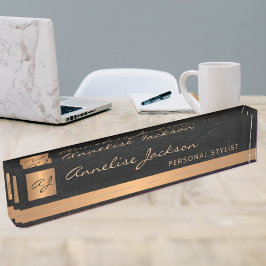 Luxe elegant zwart leren goud, monogrammen naambordje